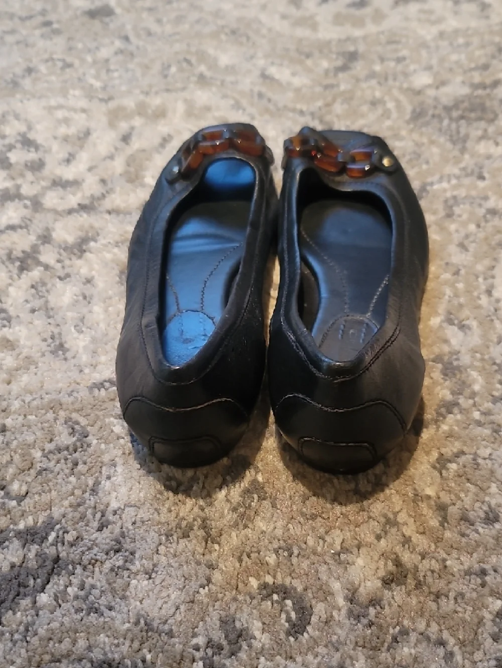 Bandolino Black Peep-Toe Flats with Brown Chain Accent